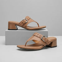 Elena Buckle Strap Leather Sandal in Sienna Brown