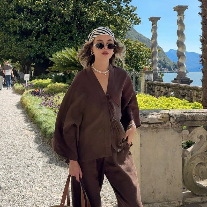 Elena Elegant Linen Jacket with Side Split in Brown