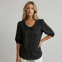 Elena Floral Embroidered Blouse in Charcoal