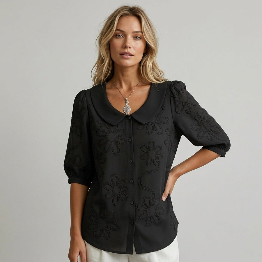 Elena Floral Embroidered Blouse in Charcoal