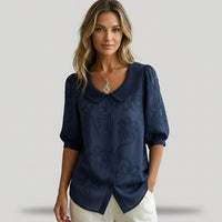 Elena Floral Embroidered Blouse in Navy Blue