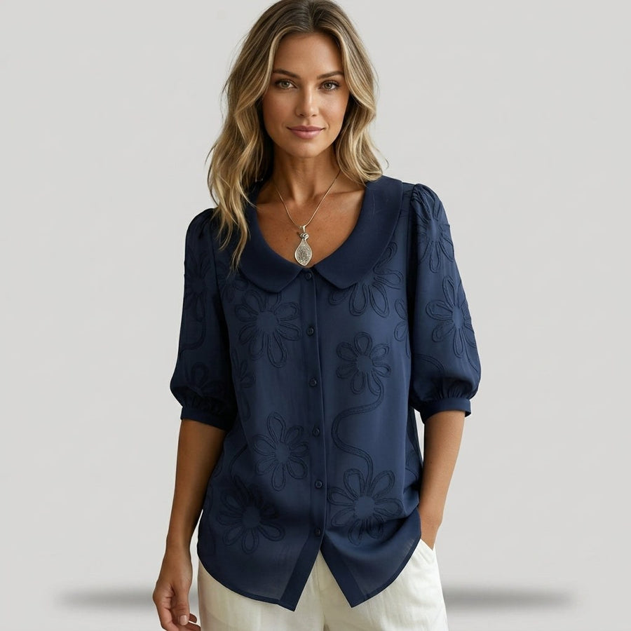 Elena Floral Embroidered Blouse in Navy Blue