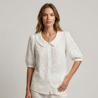 Elena Floral Embroidered Blouse in Pearl