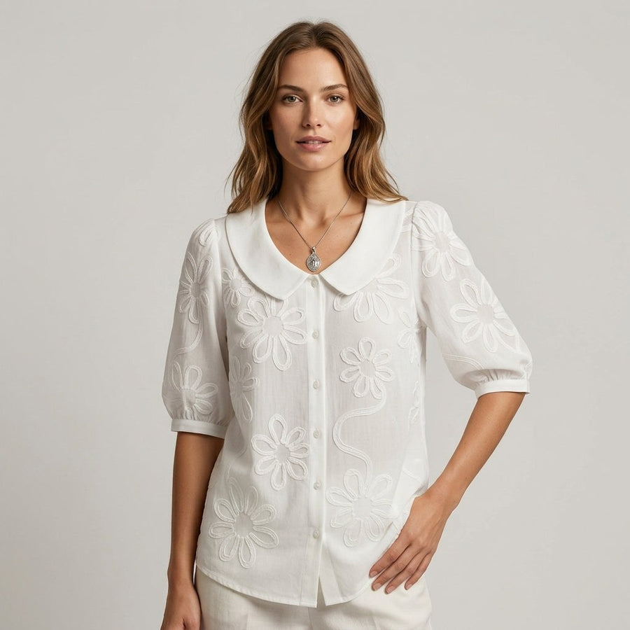 Elena Floral Embroidered Blouse in Pearl