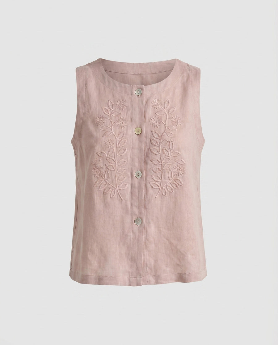 Elena Linen Top with Sleeveless in Pink
