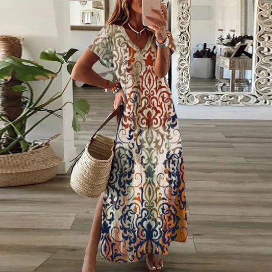 Elena Women's Printed Maxi Dress with V-Neck & Side Split in Brown
