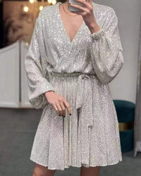 Eliana Lightweight Evening Dress with V-Neck in Silver