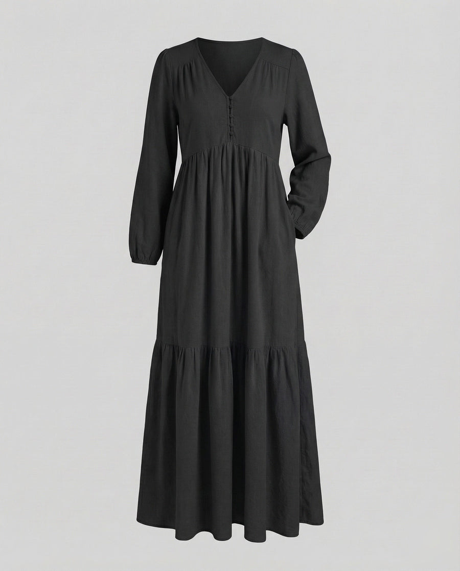 Eliana Linen Dress with Side Split in Black