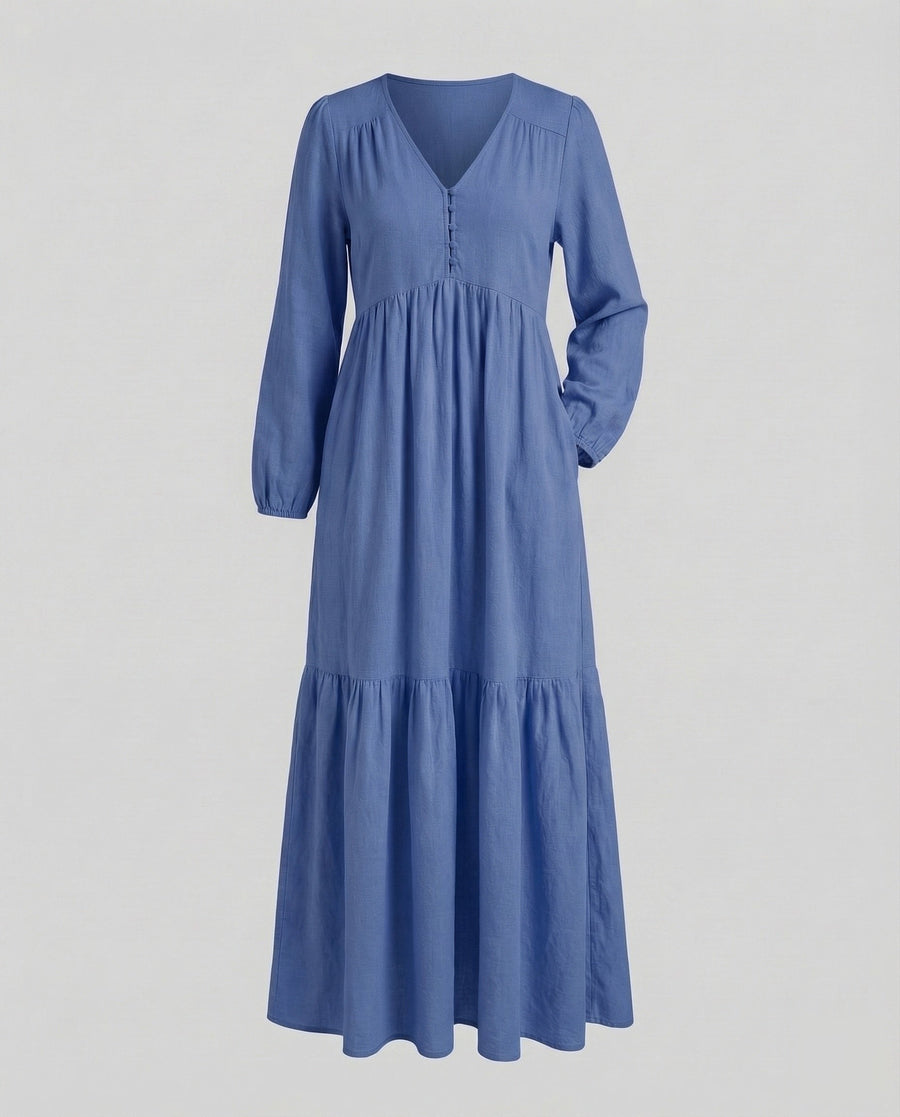 Eliana Linen Dress with Side Split in Blue