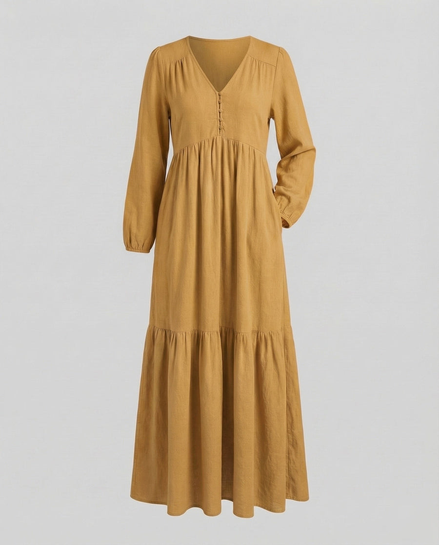 Eliana Linen Dress with Side Split in Gelbbraun
