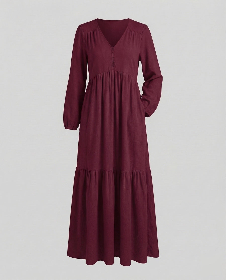 Eliana Linen Dress with Side Split in Wine Red