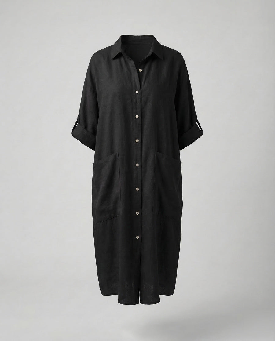Eliana Linen Shirt Dress in Black