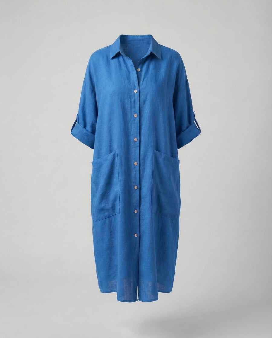 Eliana Linen Shirt Dress in Blue