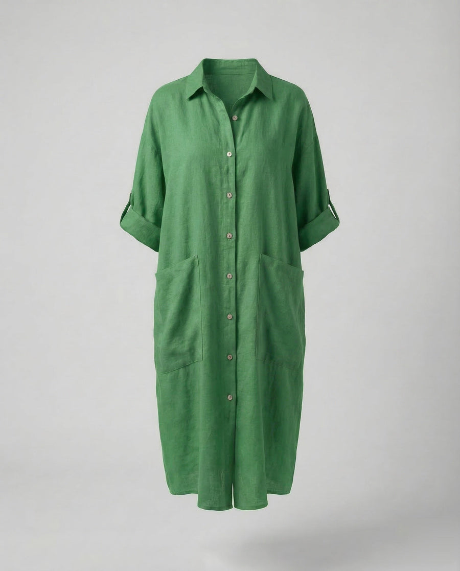 Eliana Linen Shirt Dress in Green