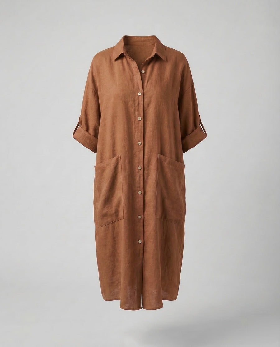 Eliana Linen Shirt Dress in Khaki