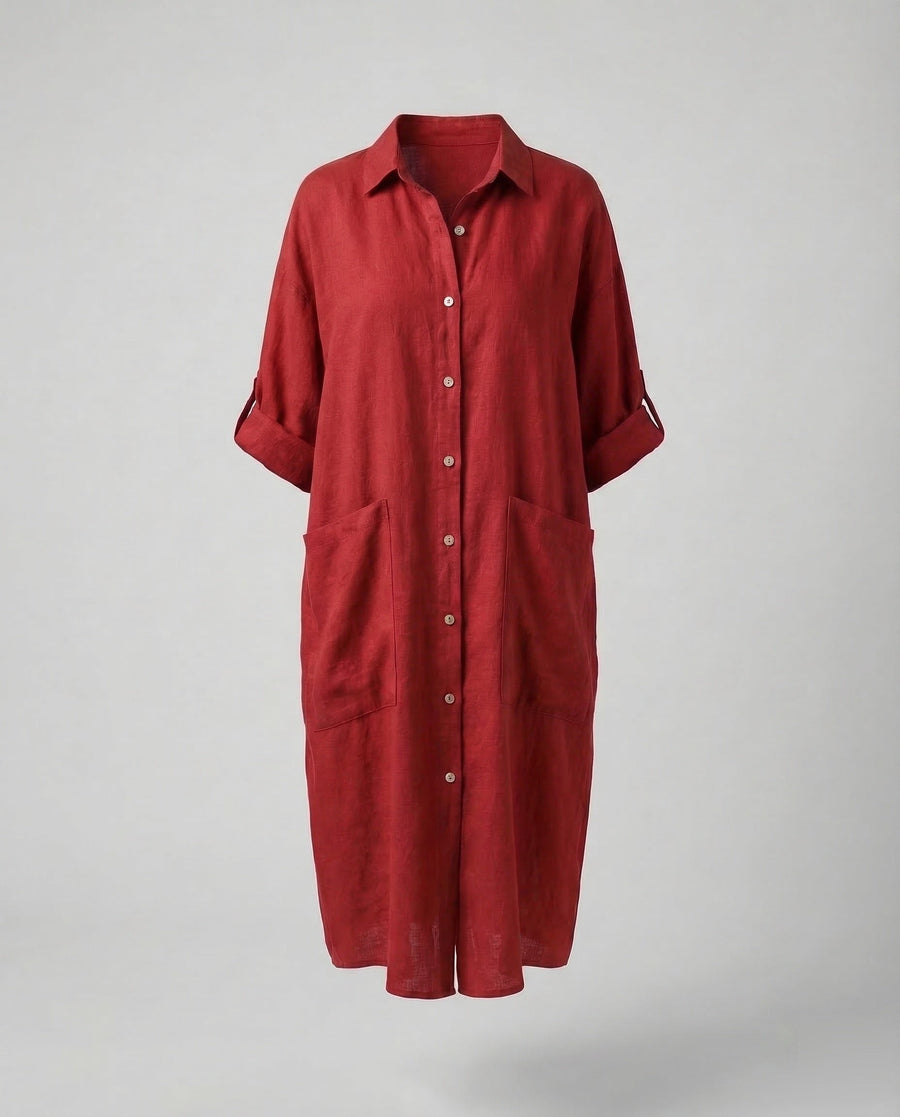 Eliana Linen Shirt Dress in Red