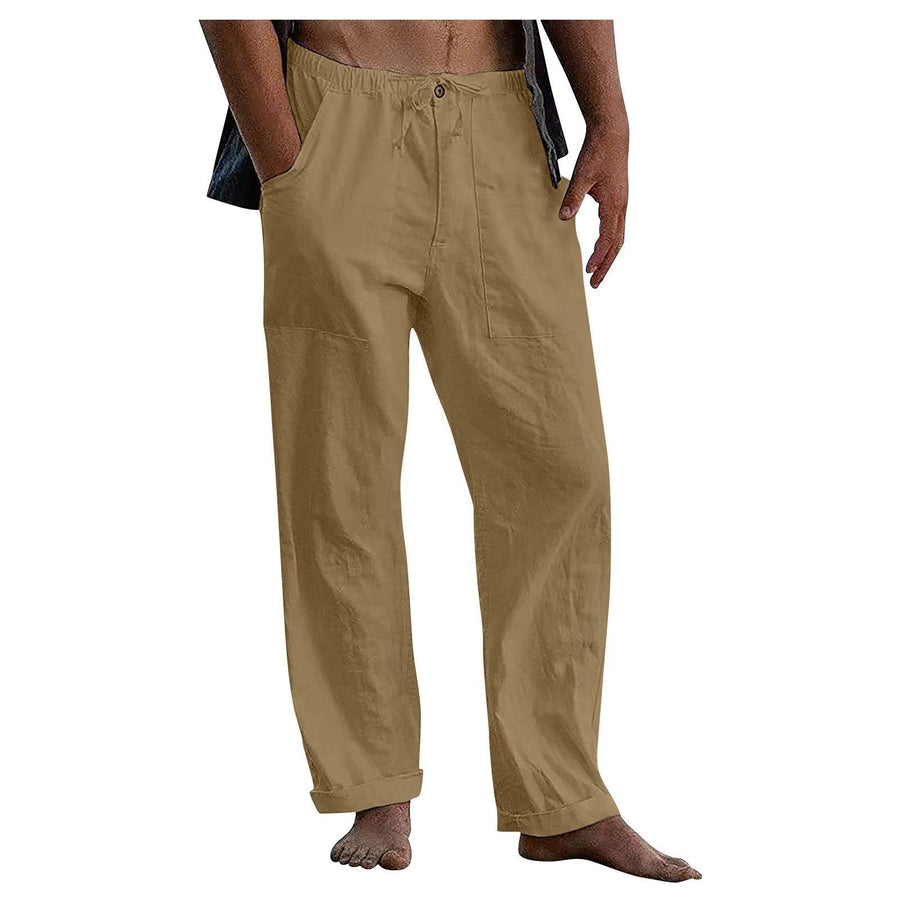 Elias Linen Trousers with Elastic Waist and Pockets in Khaki