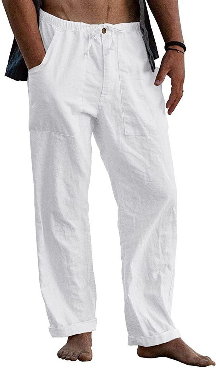 Elias Linen Trousers with Elastic Waist and Pockets in White