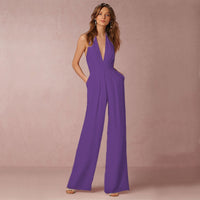 Elina Women's V-Neck Wide-Leg Jumpsuit Sleeveless Backless Formal Playsuit in Purple