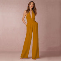 Elina Women's V-Neck Wide-Leg Jumpsuit Sleeveless Backless Formal Playsuit in Yellow