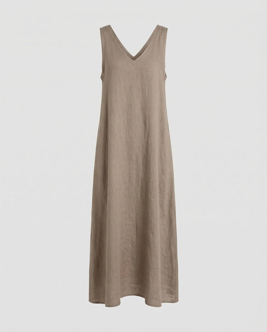 Elise Linen Summer Dress with V-Neck in Khaki