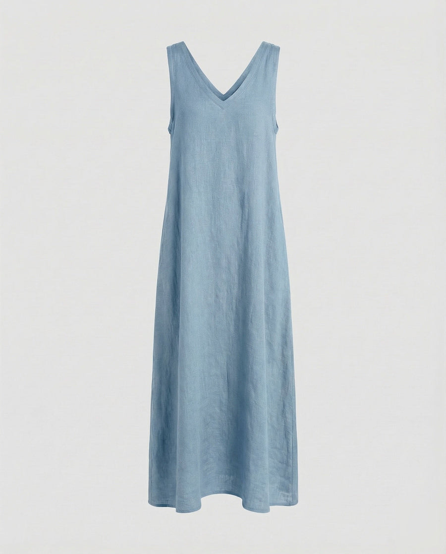 Elise Linen Summer Dress with V-Neck in Light Blue
