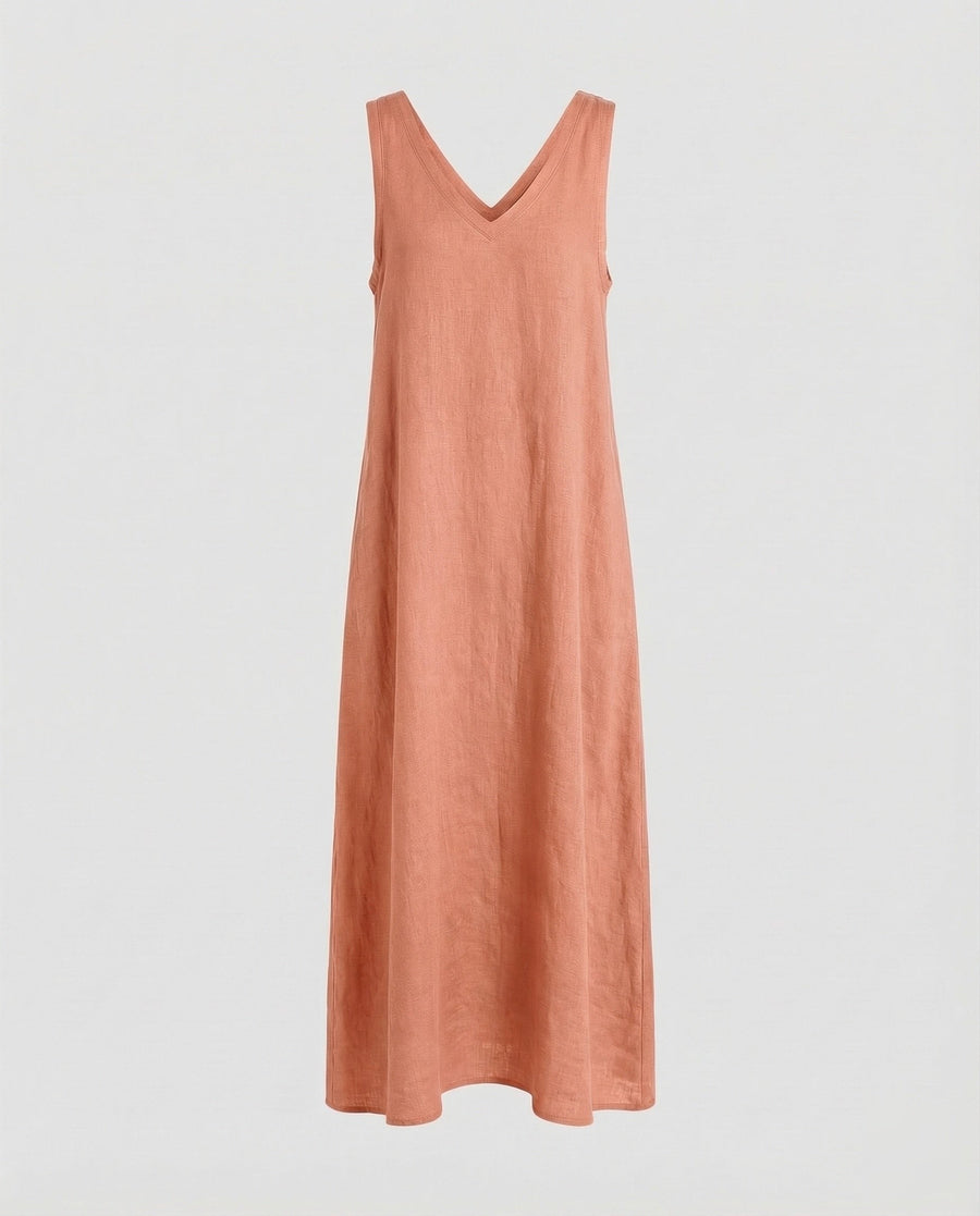 Elise Linen Summer Dress with V-Neck in Pink