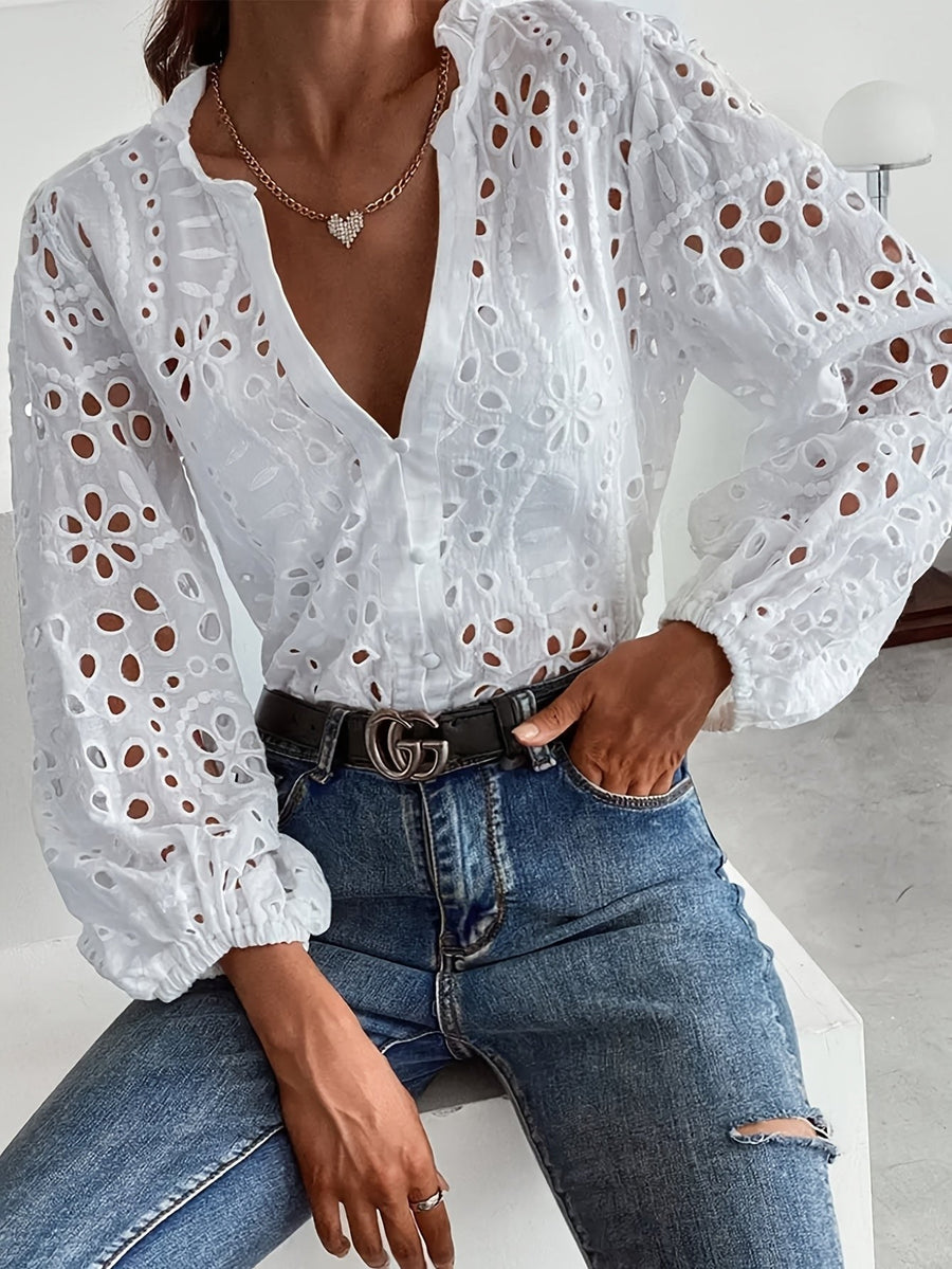 Elise™ Embroidered Long-Sleeve Blouse in White