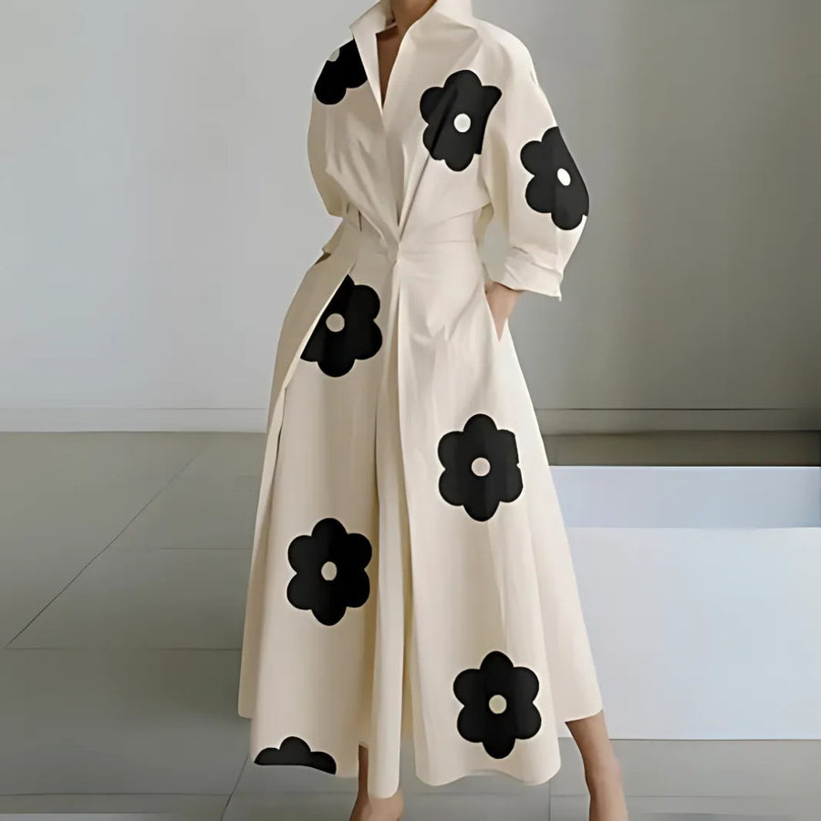 Elkie Lapel Wrap Maxi Dress in Beige/Black