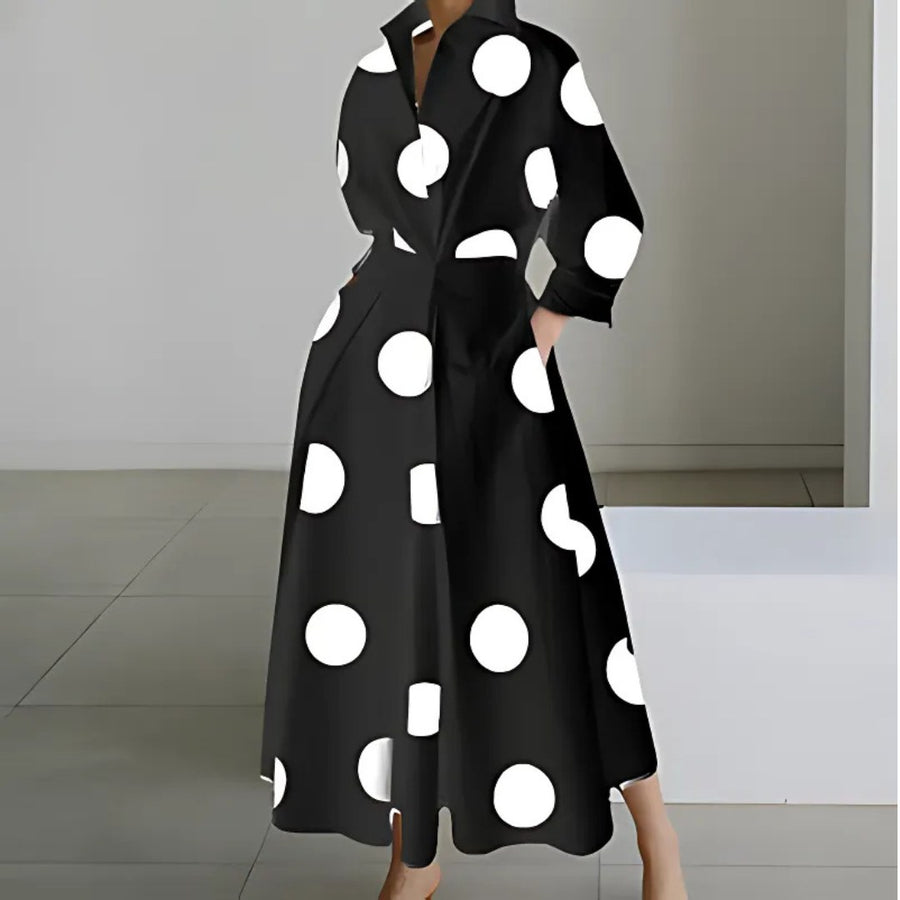 Elkie Lapel Wrap Maxi Dress in Black/White Dots