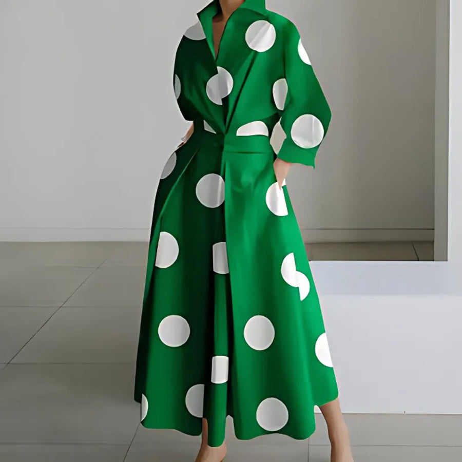 Elkie Lapel Wrap Maxi Dress in Green/White Dots