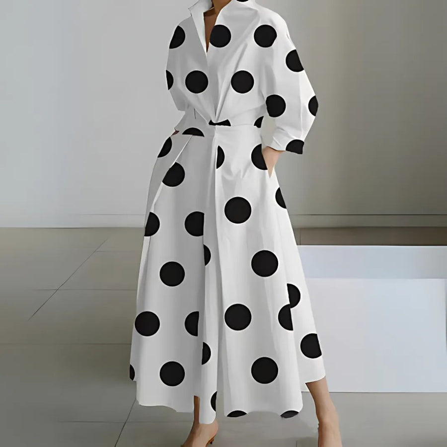 Elkie Lapel Wrap Maxi Dress in White/Black Dots