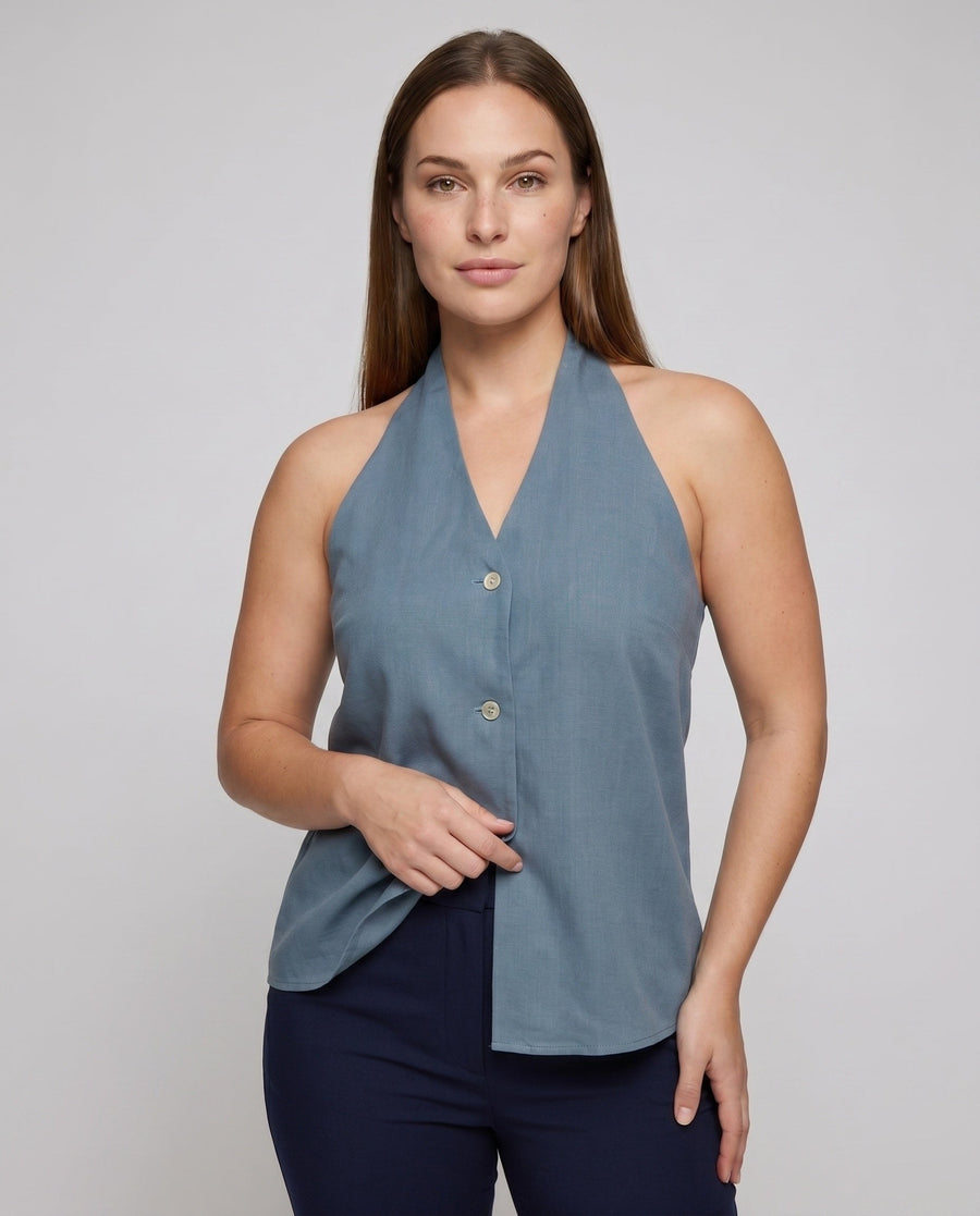 Ella Linen Top with V-Neck and Sleeveless
