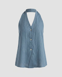 Ella Linen Top with V-Neck and Sleeveless in Blue
