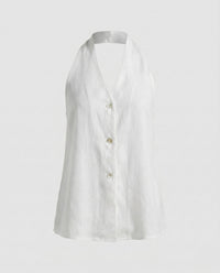 Ella Linen Top with V-Neck and Sleeveless in White