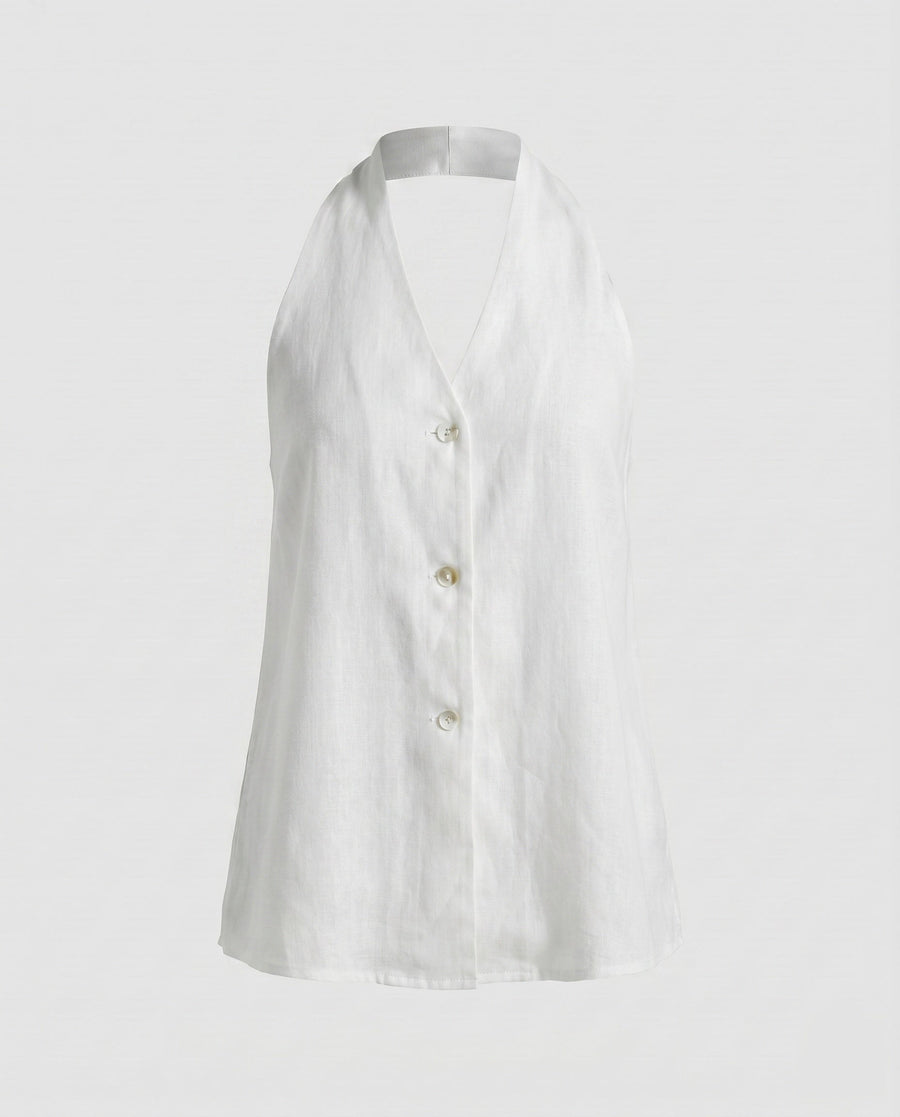 Ella Linen Top with V-Neck and Sleeveless in White