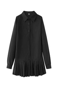 Ellie Women's Shirt Dress Long Sleeve Pleated Hem Mini Dress in Black
