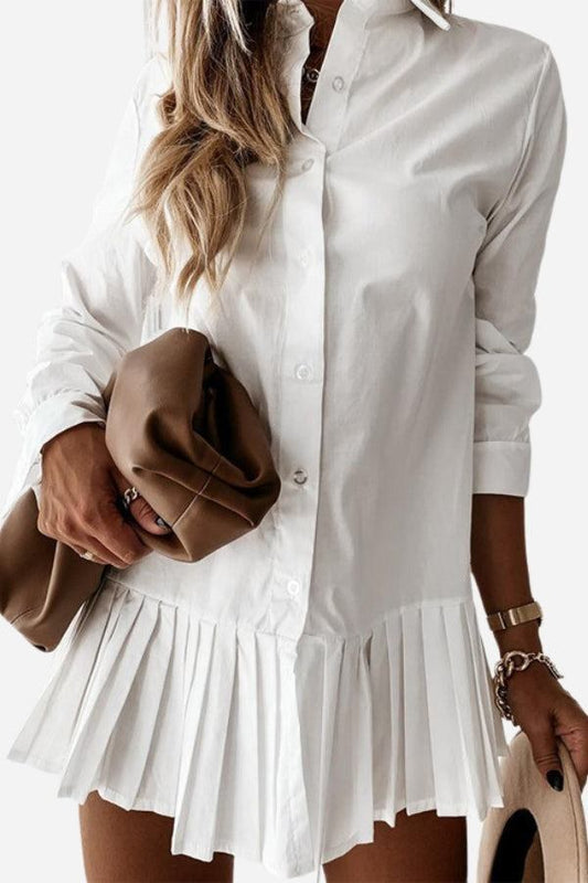 Ellie Women's Shirt Dress Long Sleeve Pleated Hem Mini Dress in White