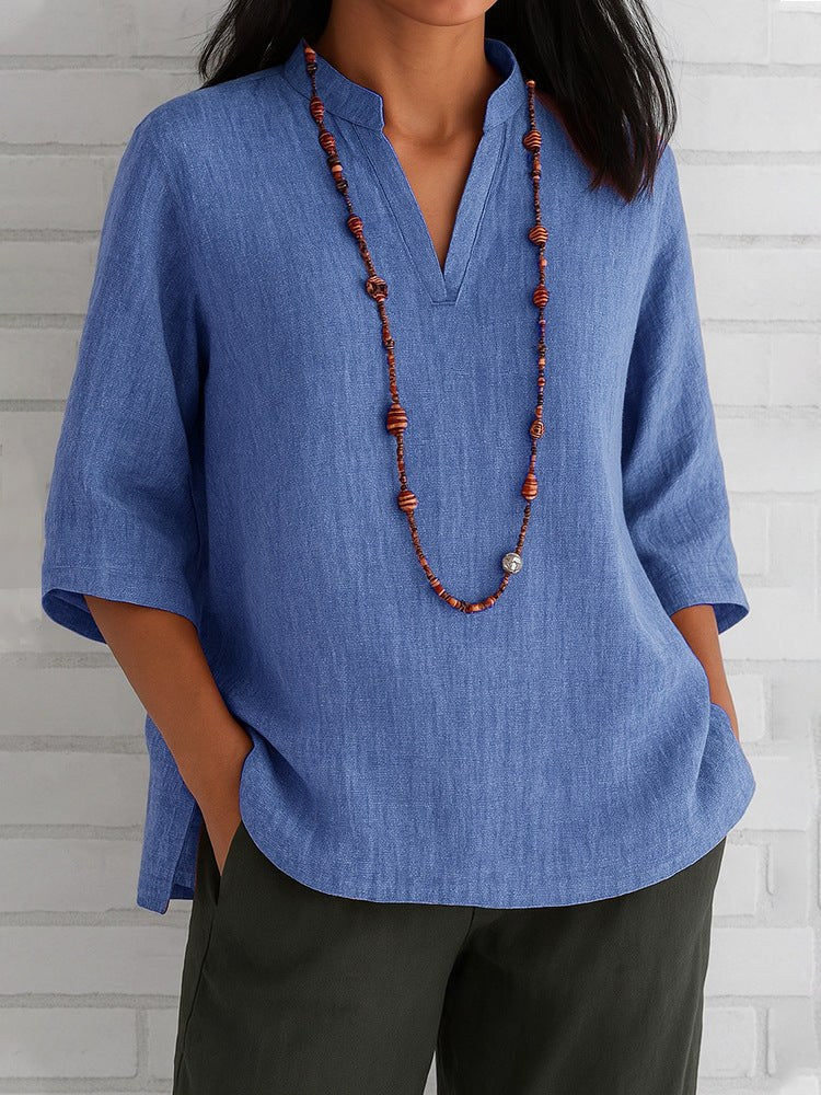 Elodie Casual Blouse with V-Neck and Pockets in Blue