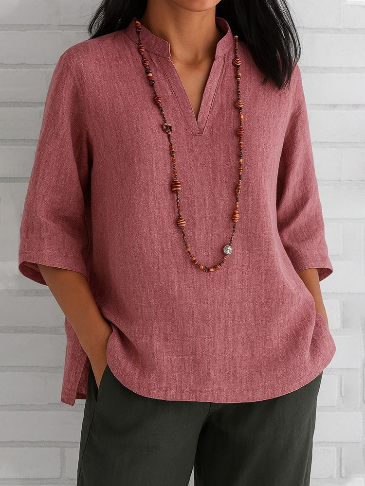 Elodie Casual Blouse with V-Neck and Pockets in Brick Red