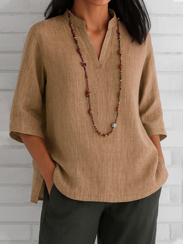 Elodie Casual Blouse with V-Neck and Pockets in Khaki