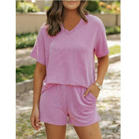 Elodie Comfortable Set with V-Neck and Short Sleeve in Purple