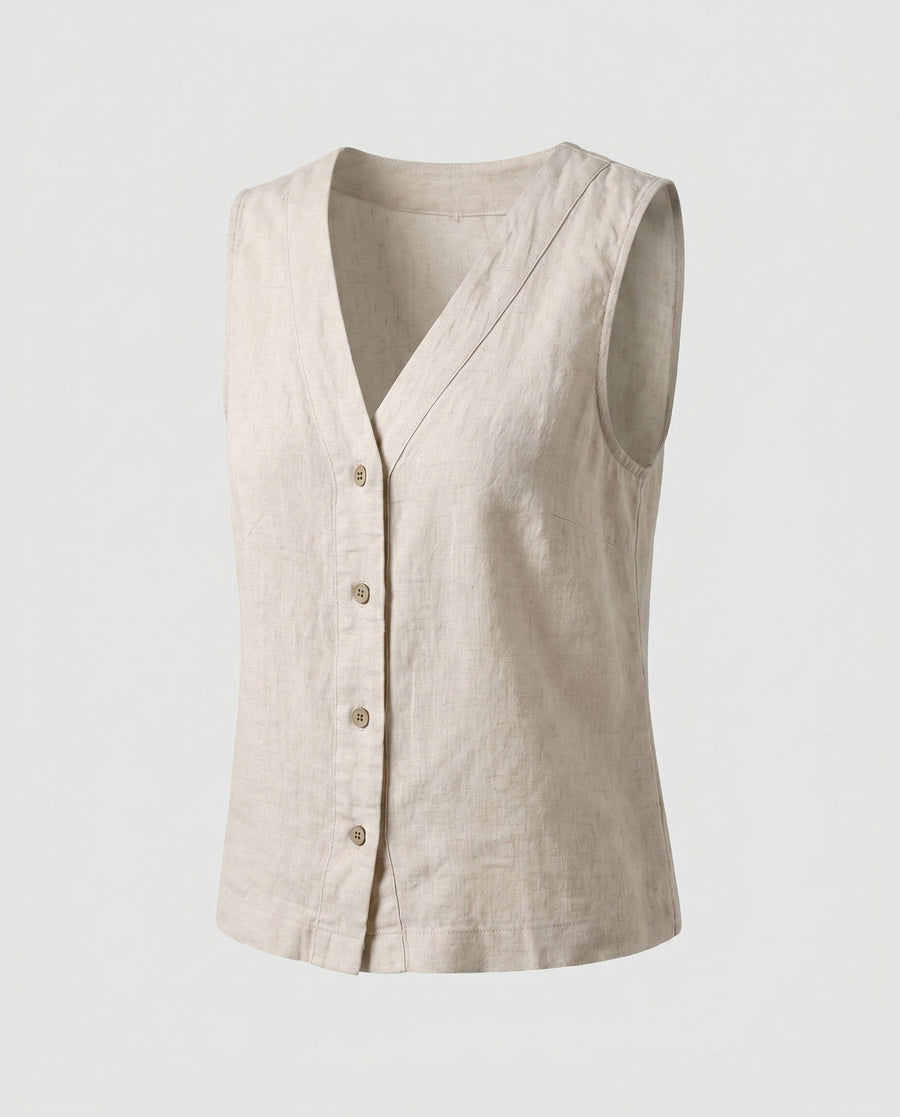 Elodie Linen Top with V-Neck and Sleeveless in Beige