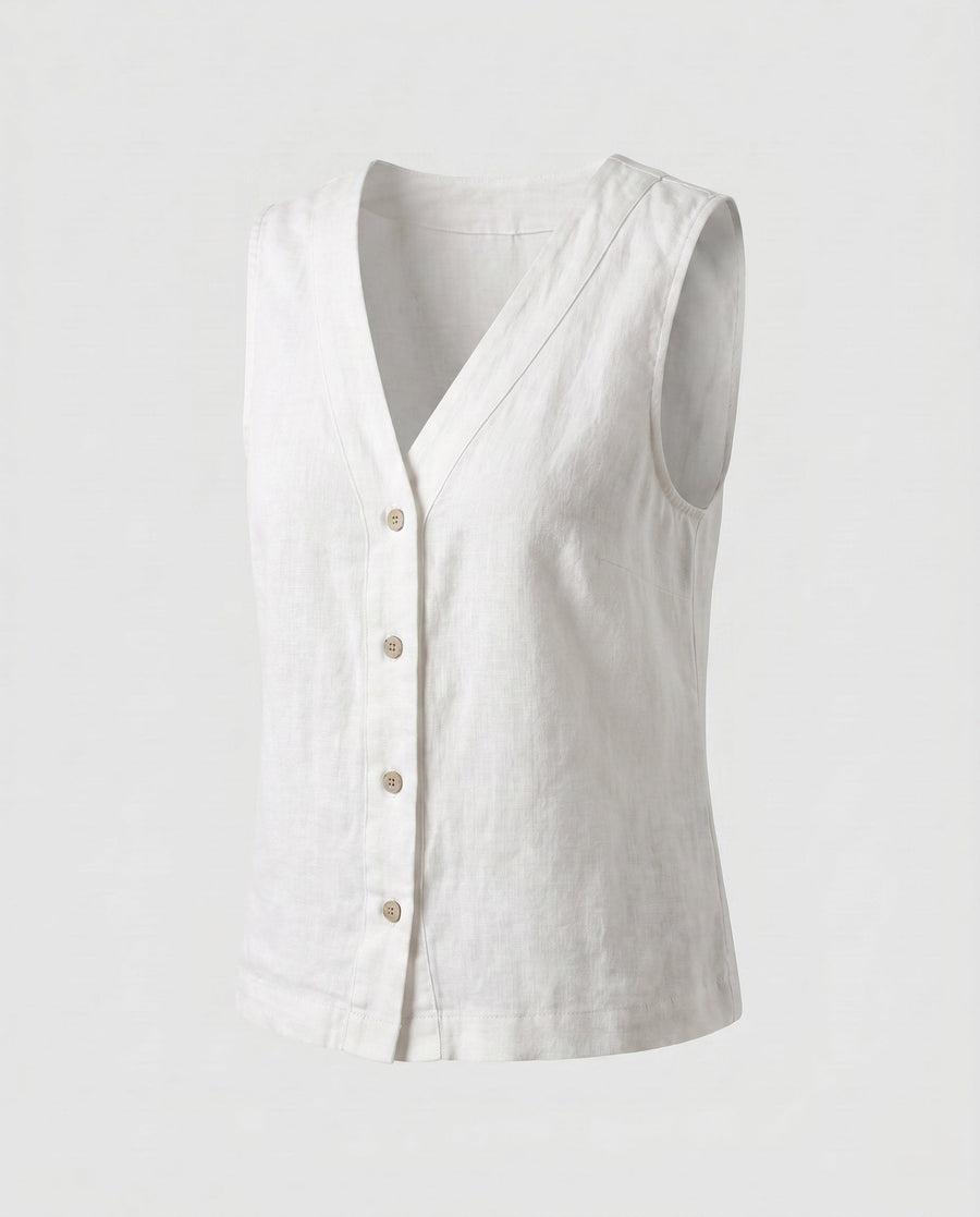 Elodie Linen Top with V-Neck and Sleeveless in White