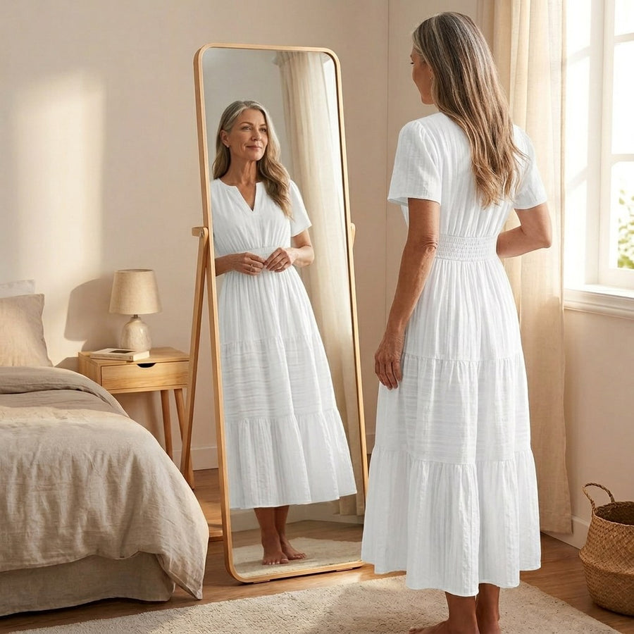 Elodie Women's White Tiered Midi Dress with Pockets