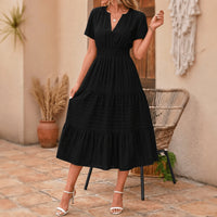 Elodie Women's White Tiered Midi Dress with Pockets in Black