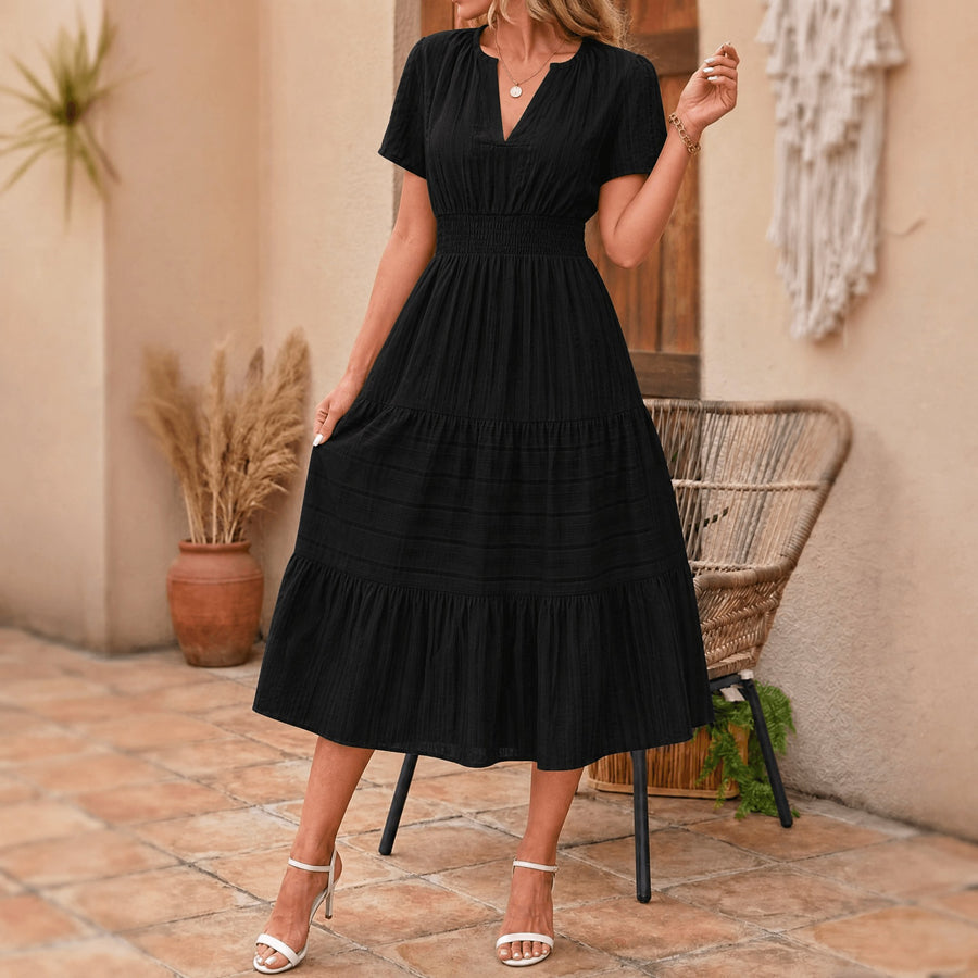 Elodie Women's White Tiered Midi Dress with Pockets in Black