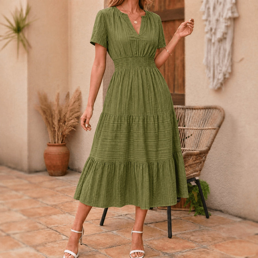 Elodie Women's White Tiered Midi Dress with Pockets in Dark Green