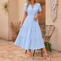 Elodie Women's White Tiered Midi Dress with Pockets in Light Blue