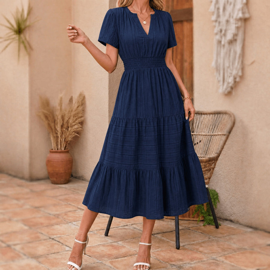 Elodie Women's White Tiered Midi Dress with Pockets in Navy